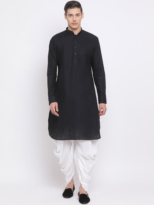 Vastramay Men's Black Cotton Linen Blend Pathani Kurta and White Dhoti Set